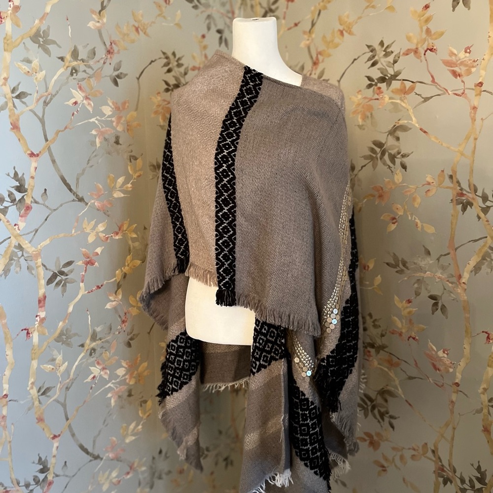 Anthropologie Gray Wrap with Embroidery and Sequin Like Accents - Picture 2 of 10